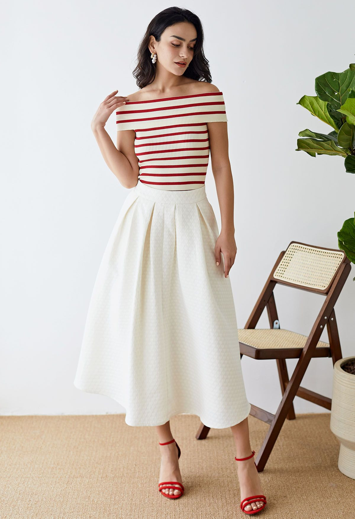 Folded Off-Shoulder Rib Knit Top in Red Stripe | Chicwish