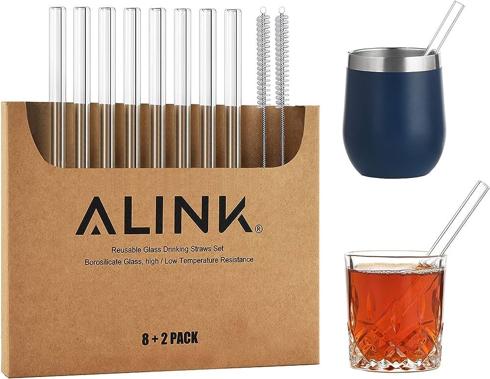 ALINK Short Glass Straws, 6 in x 10 mm Clear Straws for Cocktails, Whiskey, Coffee, Pack of 8 wit... | Amazon (US)
