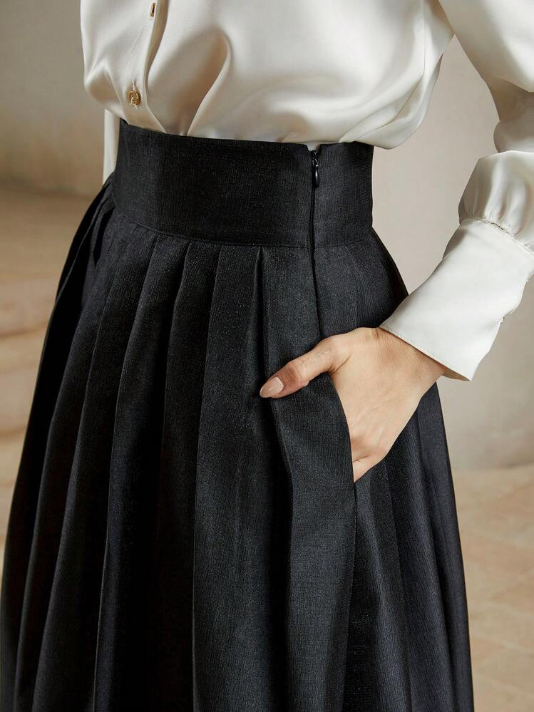 Anewsta High-Waisted Elegant Fold Pleated Maxi Skirt, Royal Style | SHEIN
