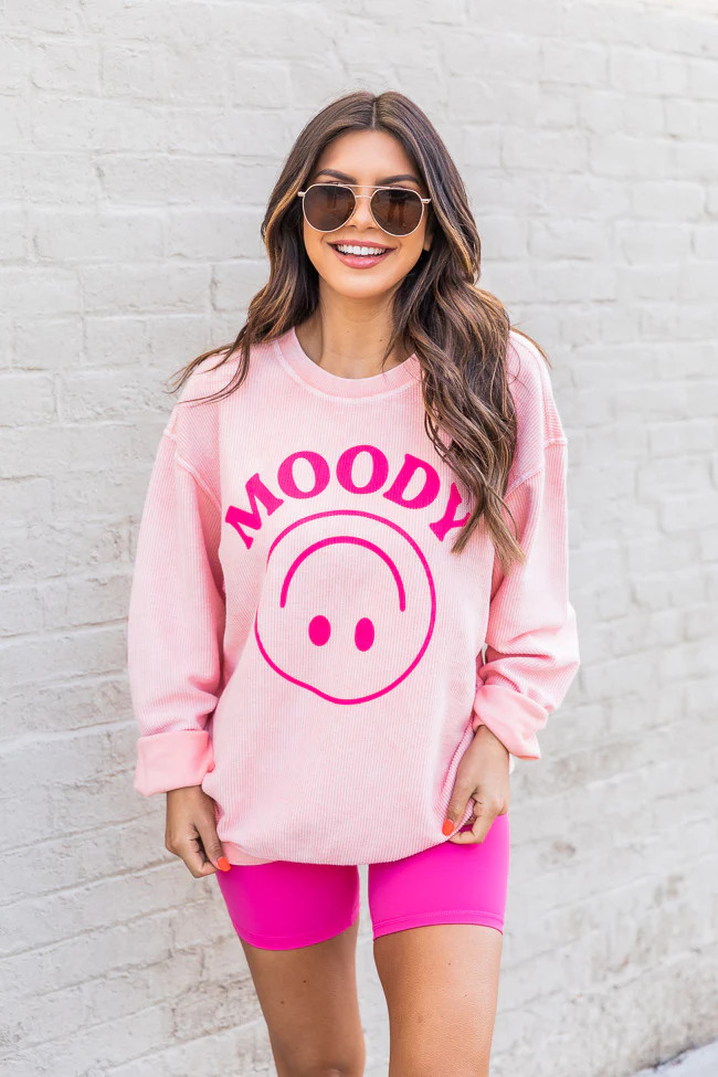 Moody Smiley Pink Corded Graphic Sweatshirt | Pink Lily