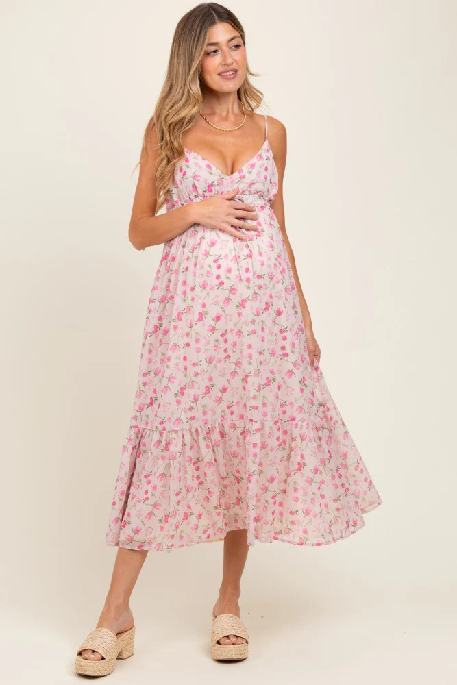 Pink Floral V-Neck Sleeveless Side Tie Maternity Midi Dress | PinkBlush Maternity