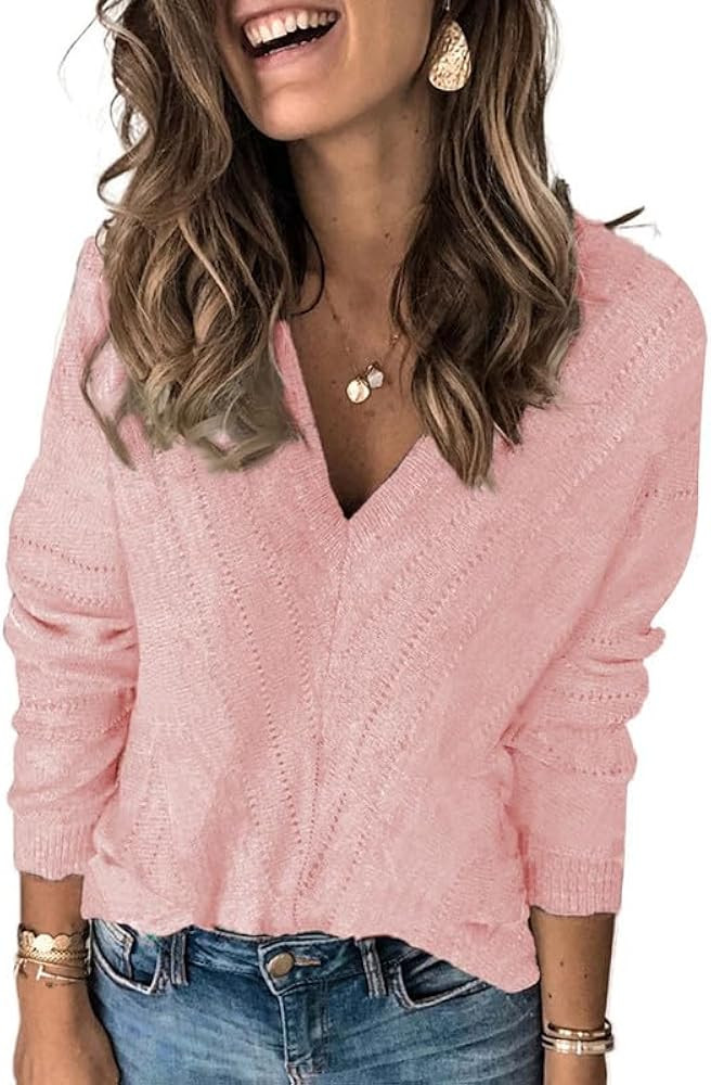 Dokotoo Womens Color Block Striped V Neck Cozy Knitted Pullover Sweaters Jumper Tops Loose Fit | Amazon (US)