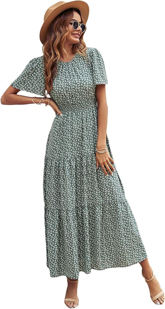 Floerns Women's Short Sleeve Boho Floral Dress A Line Smocked Midi Dress | Amazon (US)