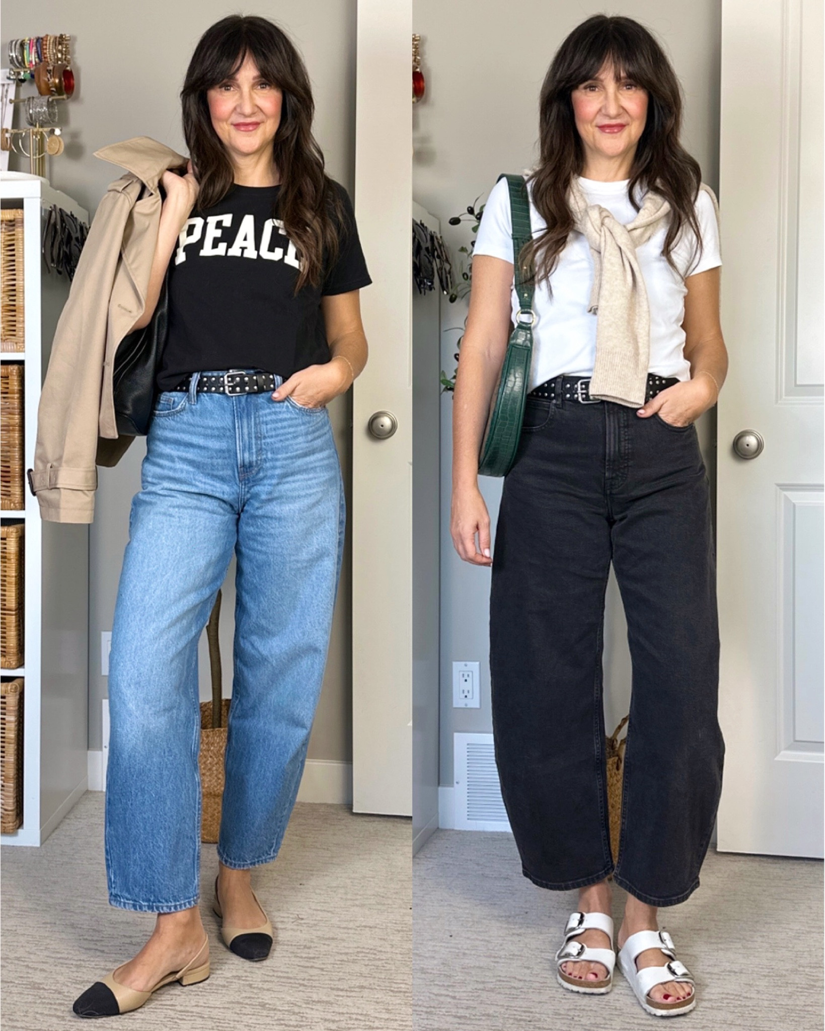 Barrel leg jeans outfit ideas: spring!
I’m 5’ 7” size 4ish wearing my usual size 4 in the H&M jeans (left) and 27 in the Everlane jeans (right). The H&M pair are very high waisted, have a longer inseam and come in 13 washes. Mine is “light denim blue”.
The Everlane pair are more of a mid rise, have a shorter inseam and come in 7 washes. Mine is “washed black”.
Also linked the rest of the outfits, I’m wearing my usual size S in everything but I sized up 1/2 size in the sling back flats.


#LTKStyleTip #LTKShoeCrush #LTKItBag