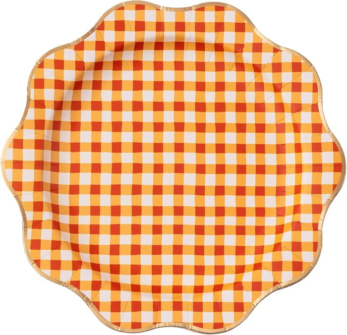 Bonjour Fete Elegant Fall Plaid Paper Party Dinner Plates | Gold Foil & Pumpkin Spice Orange Ging... | Amazon (US)