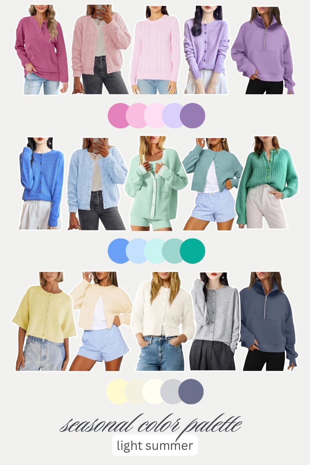 seasonal color palette - light summer outfit inspo. an easy pop of “light summer” color to wear with light wash jeans. for the cardigans, a bright white cami, tank or t-shirt is all you need!

more color palettes coming! 

#LTKootd #LTKSeasonal