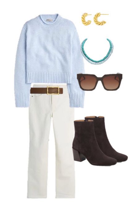 Casual winter outfit! 
.
White jeans brown booties brown sunglasses candy necklaces cable twist hoop earrings light blue sweater 

#LTKfindsunder50 #LTKstyletip #LTKfindsunder100