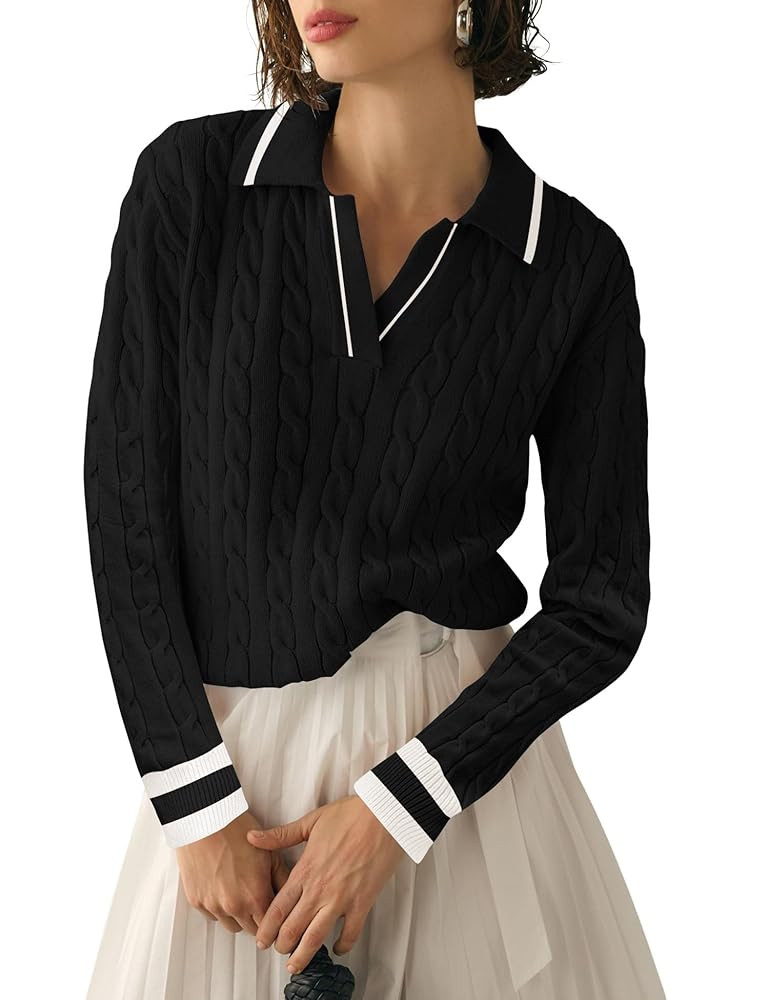 Micoson Womens Sweaters Fall Long Sleeve Lapel V Neck Sweater Cable Knit Pullover Casual Soft Jum... | Amazon (US)