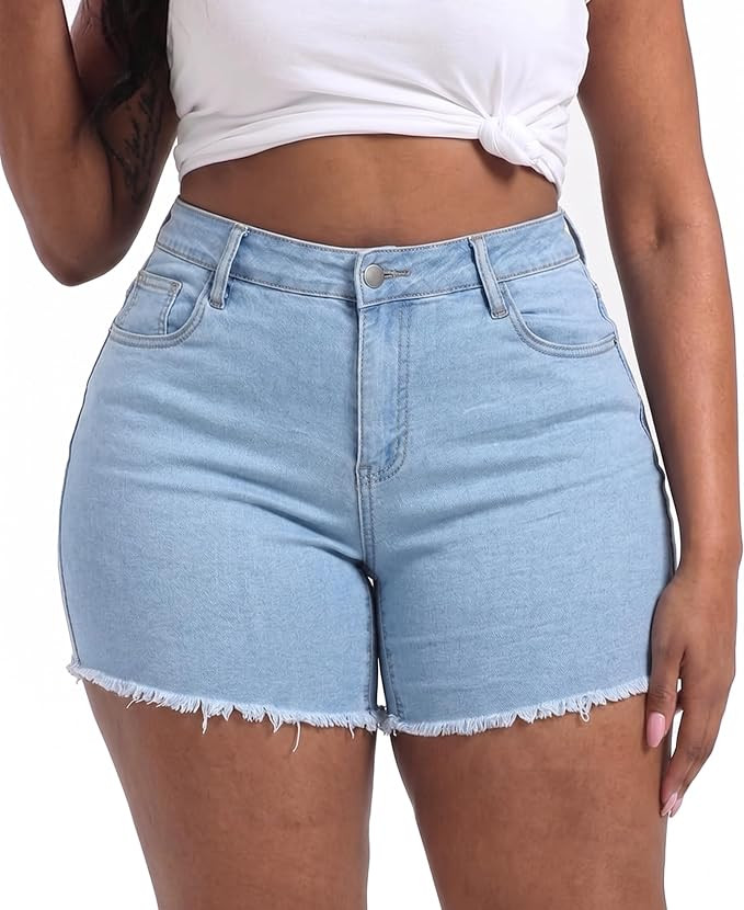 Gocolloa Women Plus Size Jean Shorts Stretchy High Waisted Frayed Raw Hem Denim Shorts 5.5" Insea... | Amazon (US)