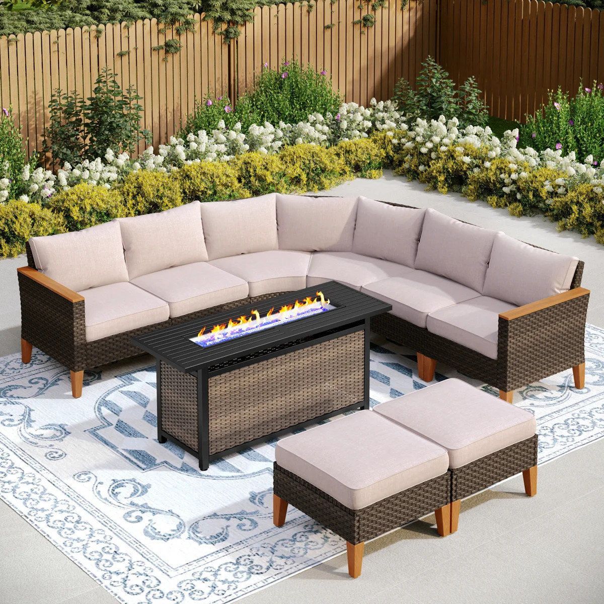 Salem Wicker Outdoor Patio Conversation Furniture Sectional Set with Fire Pit Table | Wayfair North America