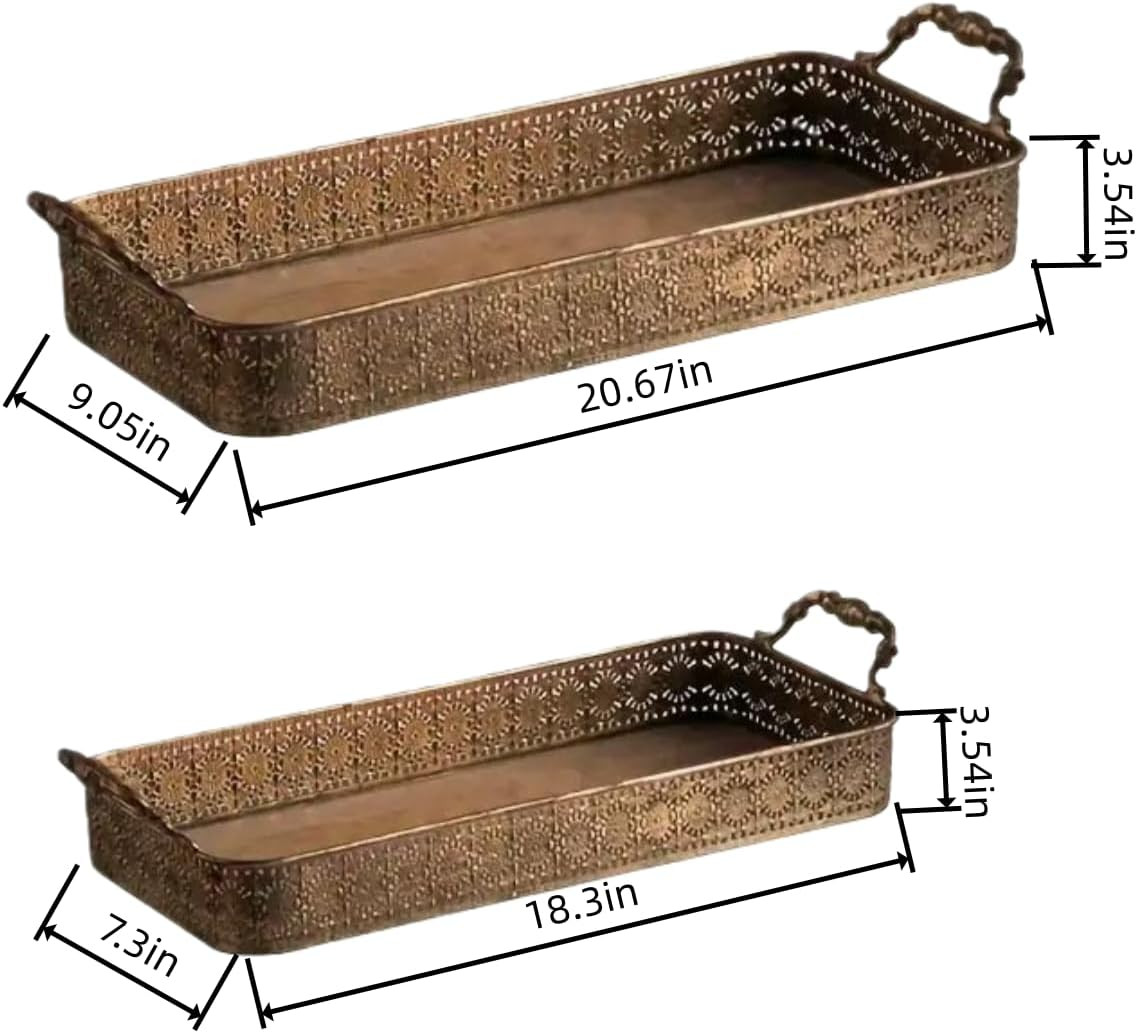 Vintage Gold Serving Tray Set with Handles, Decorative Ottoman & Coffee Table Tray for Living Room, Vanity or Bathroom, 2-Piece Antique Style Nesting Metal Trays with Hollow Carved Edge | Amazon (US)
