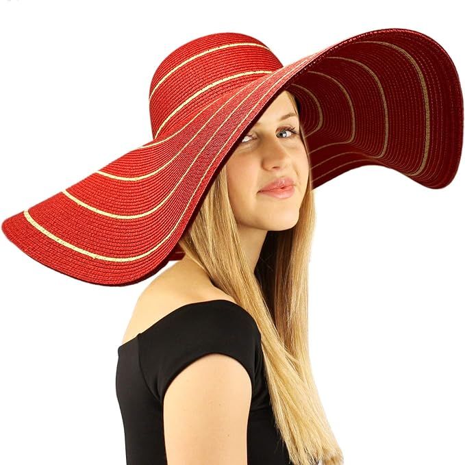 Summer Elegant Derby Big Super Wide Brim 8" Brim Floppy Sun Beach Dress Hat (Striped Lurex Red) a... | Amazon (US)