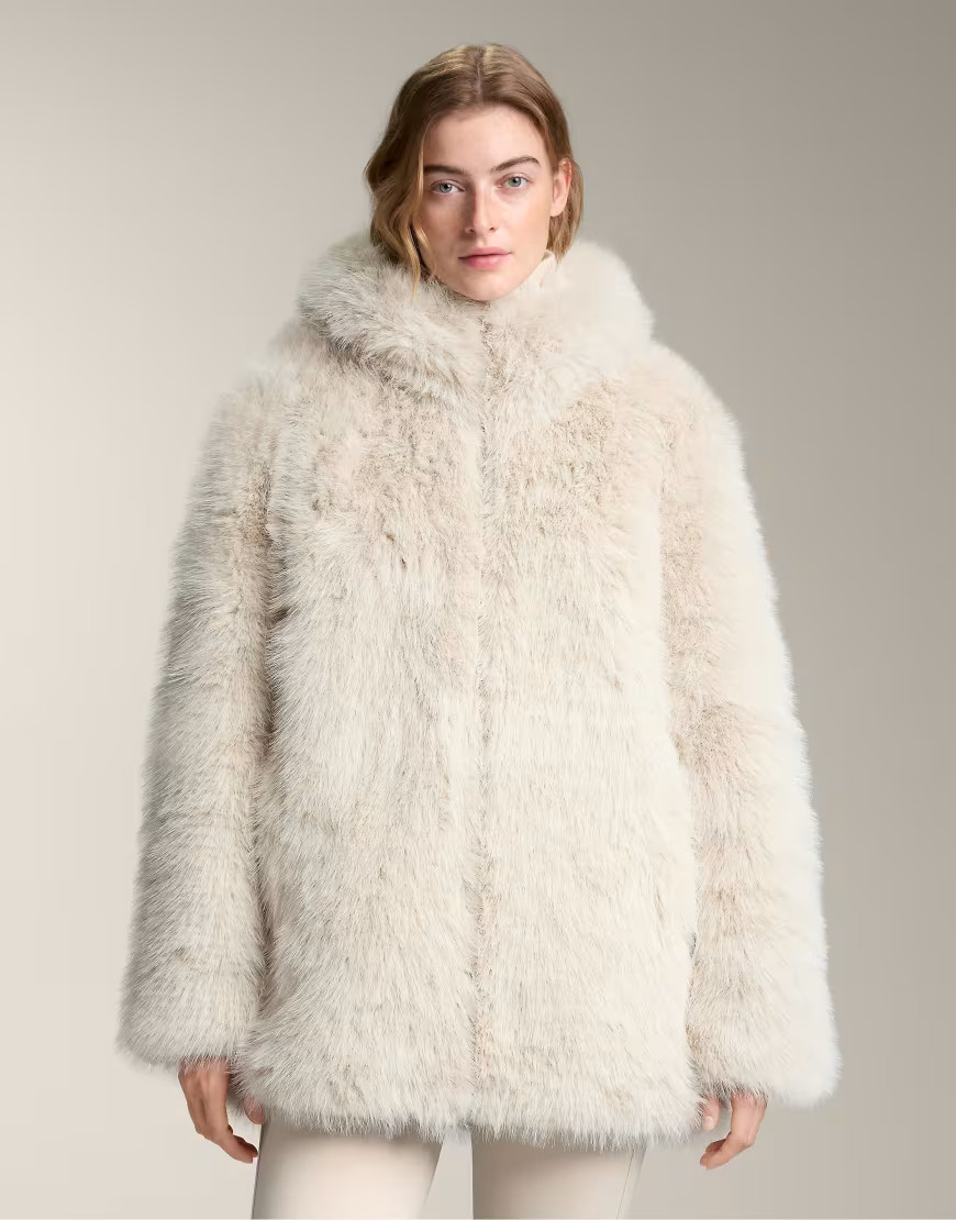 OYSHO Faux fur hooded jacket in oatmeal-White | ASOS (Global)