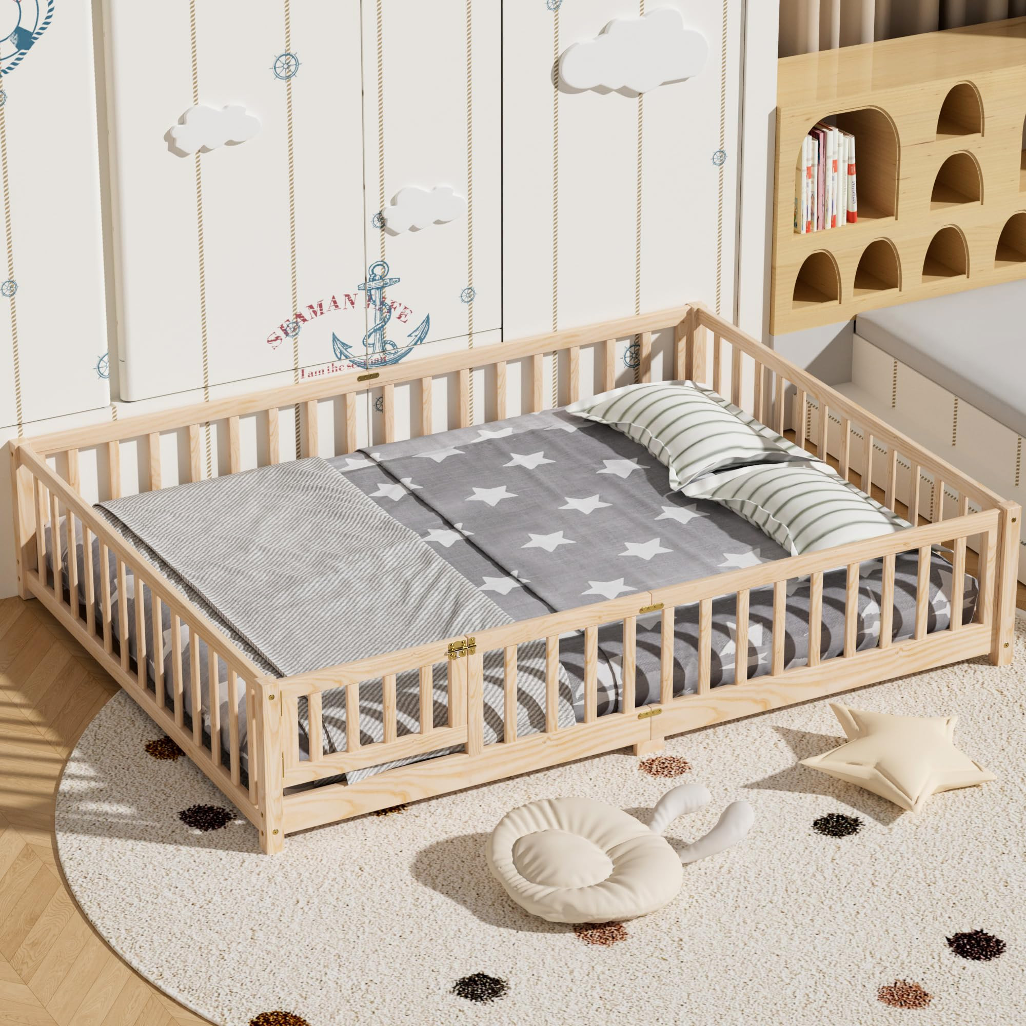 i-POOK Queen Floor Bed for Children, Sturdy Wood Montessori Bed Frame with Wood Slats, High Fence... | Amazon (US)