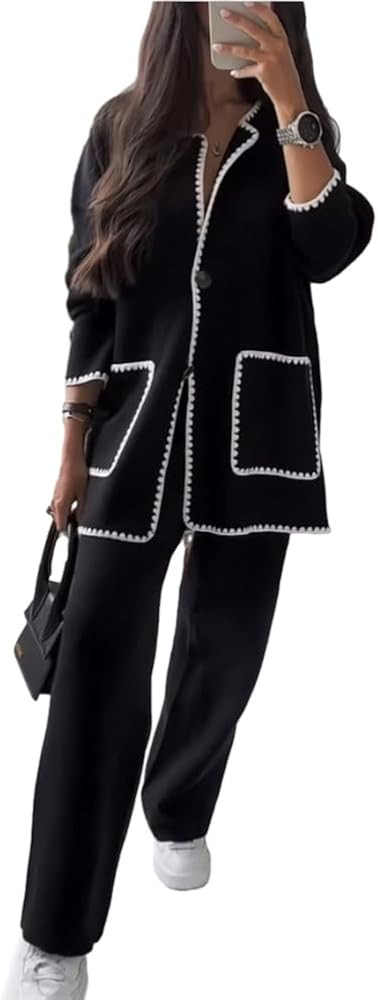 HOULENGS Women's 2 Piece Outfits Button Down Contrast Cardigan Sets Wide Leg Long Pants Lounge Se... | Amazon (US)