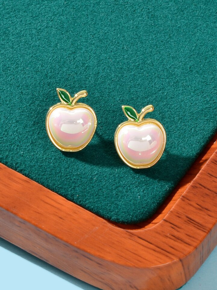 2pcs Sweet Apple Shaped Colorful Faux Pearl Decor Sterling Silver Stud Earrings For Girls, Dating... | SHEIN