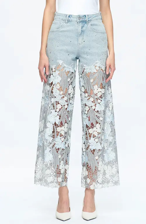 Bayeas High Waist Crystal Embellished Lace Wide Leg Jeans in Lesley Blue at Nordstrom, Size 26 | Nordstrom