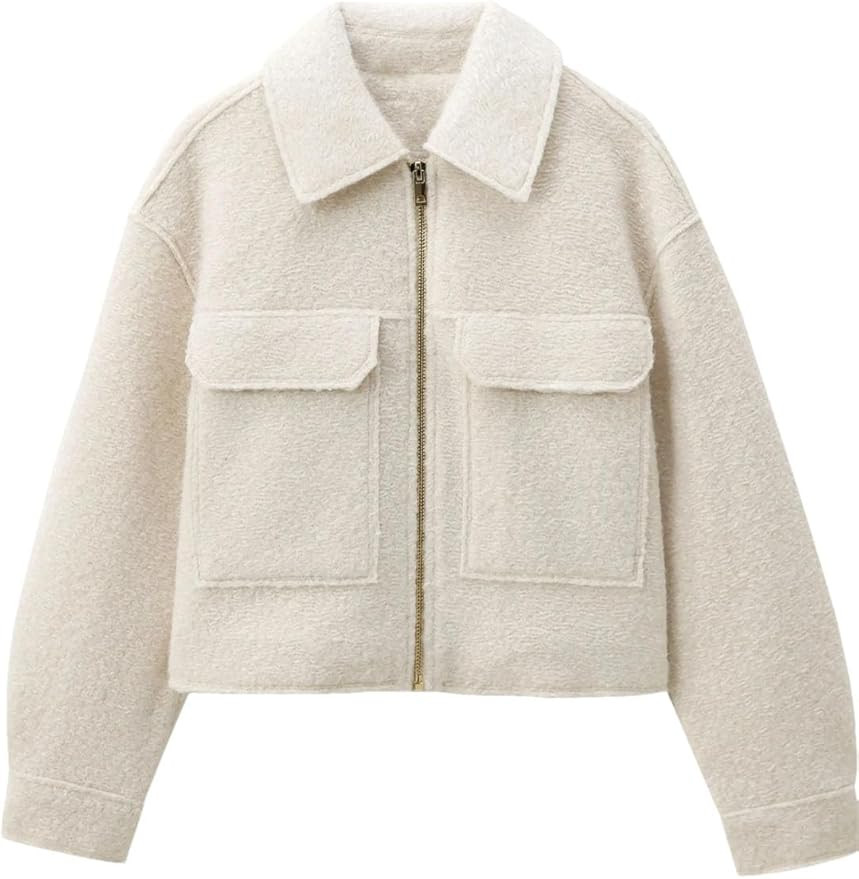 Women's Winter Crop Retro Lapel Neck Long Sleeve Flaps Patch Pockets Zipper Coat | Amazon (US)