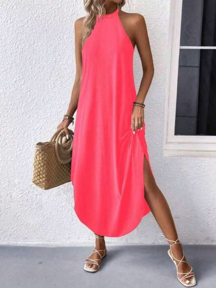 Women's Solid Color Halter Neck Vacation Casual Dress | SHEIN