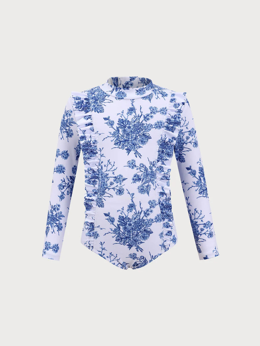 Girls' Blue Floral Ruffled One-Piece & Reviews - Blue - Sustainable Girls Clothing | BERLOOK | BERLOOK