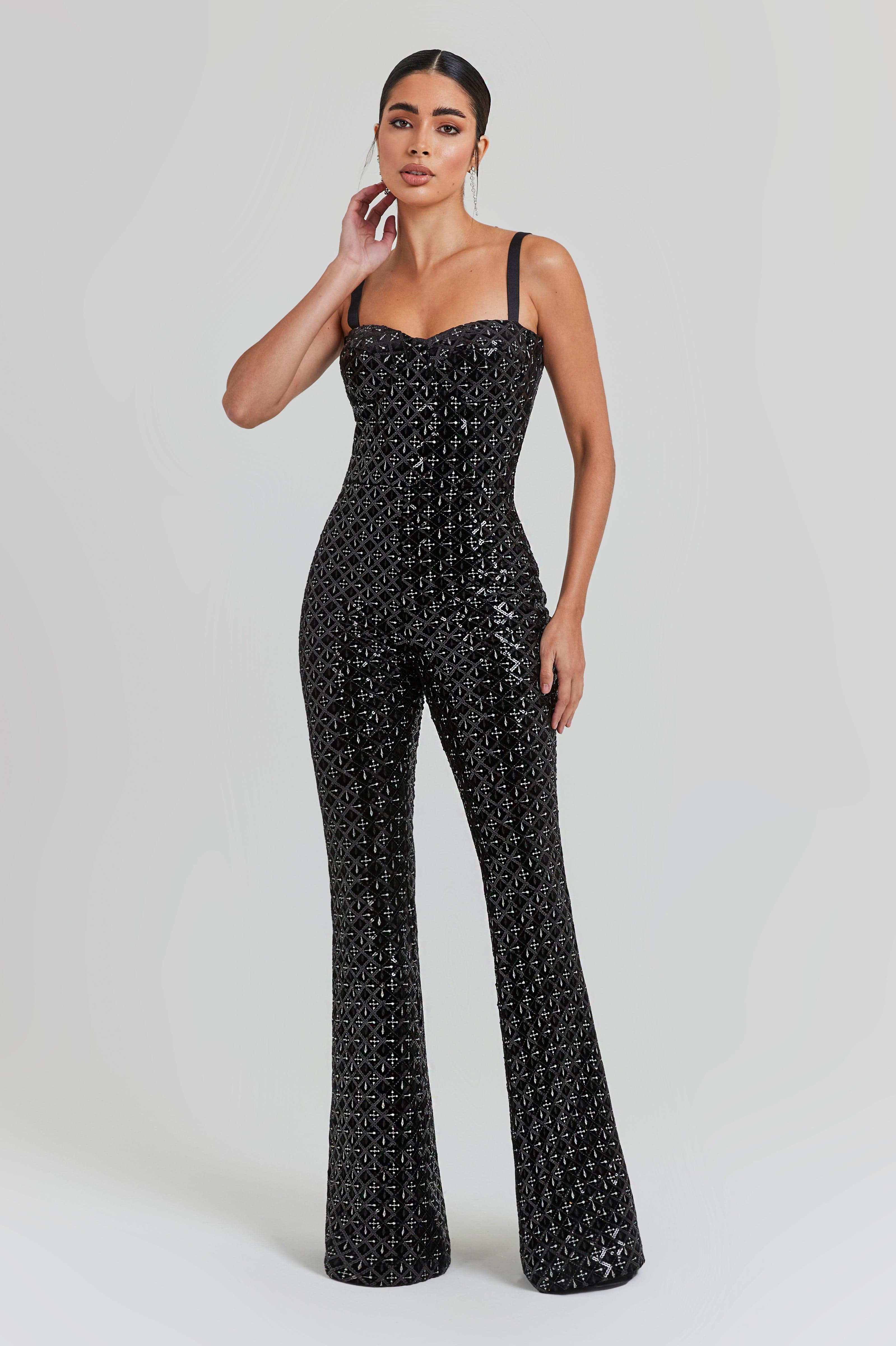 HAILEY Black Sequin Flare Jumpsuit | NADINE MERABI | Nadine Merabi