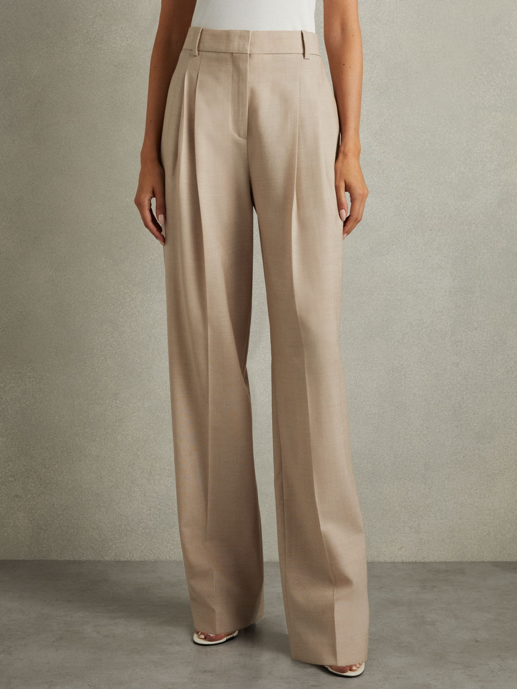 Reiss Petite Wool Pleat Front Wide Leg Suit Trousers in Neutral - REISS | Reiss UK