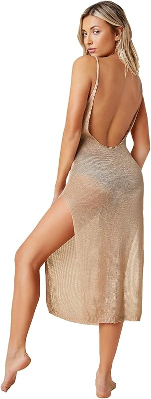 SheIn Women's Open Back Split Thigh Crochet Beach Swimsuit Cover Up Without Bikini | Amazon (US)