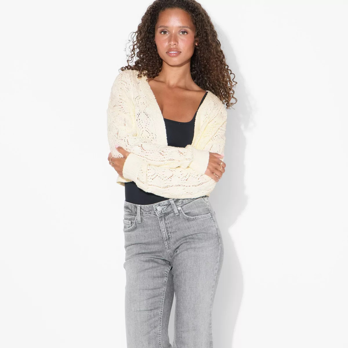 Women's Long Sleeve Shawl Collar Open Work Cardigan - Wild Fable™ Off-White M | Target