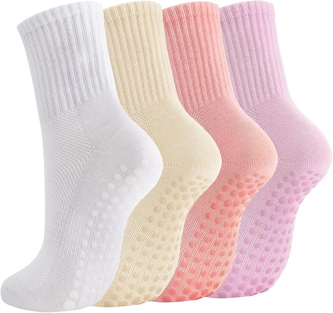 Breslatte Crew Pilates Socks with Grips for Women Non Slip Cotton Grip Socks for Yoga Hospital Ba... | Amazon (US)