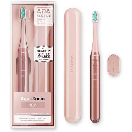AquaSonic Icon Slim Electric Toothbrush - For Adults and Kids, Magnetic Holder, Travel Case, Rechargeable (Pink) | Walmart (US)