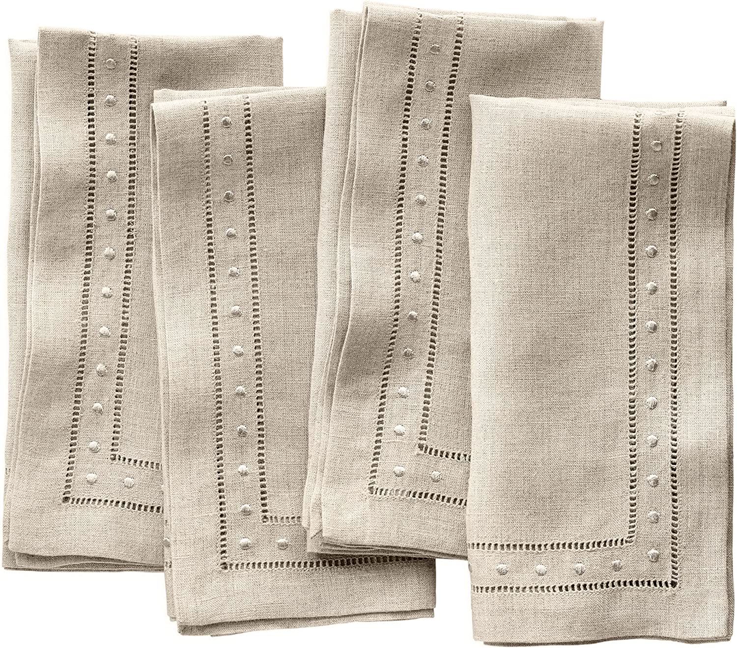 Linen Napkins - Natural 18 x 18 inch, Set of 4 Hemstitch Embroidered Dot Dinner Napkins Cloth Was... | Amazon (US)