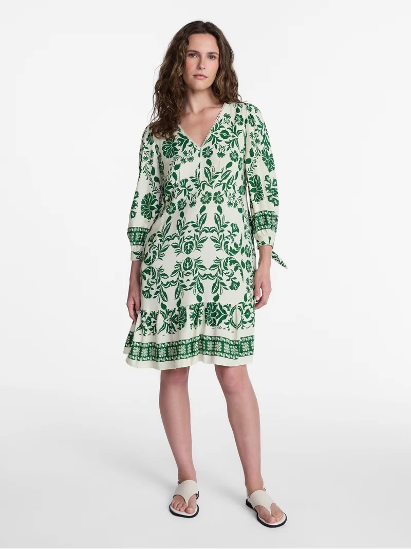 Time and Tru Women's Linen-Blend Border Print Mini Dress, Sizes XS-XXXL | Walmart (US)