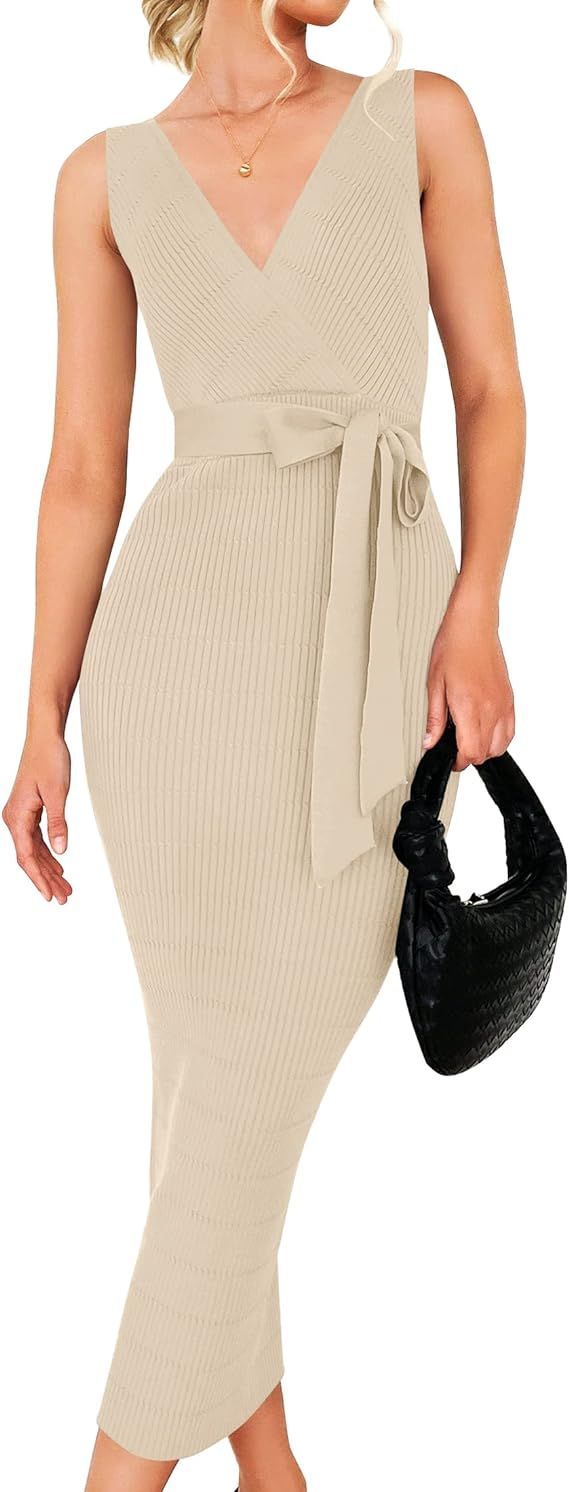 ZESICA Women's Summer Knitted Bodycon Midi Dress Elegant Wrap V Neck Sleeveless Tie Waist Sweater... | Amazon (US)