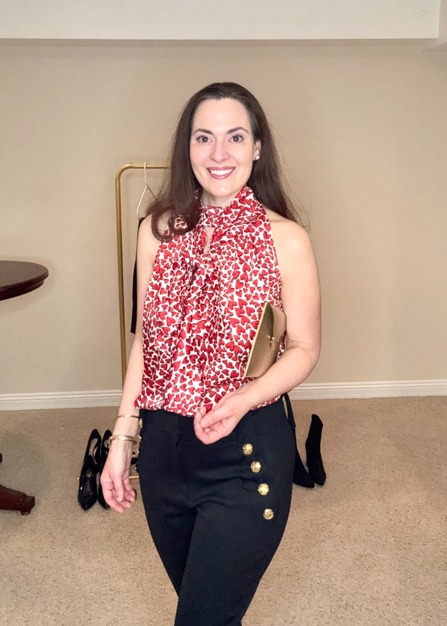Valentines’s Day outfit for date night or for cocktails with friends for Galentine’s Day. Wearing XS in the halter style neck tie blouse. The heart print is really cute and also comes in a scarf and headband  

#LTKootd #LTKSaleAlert #LTKOver40