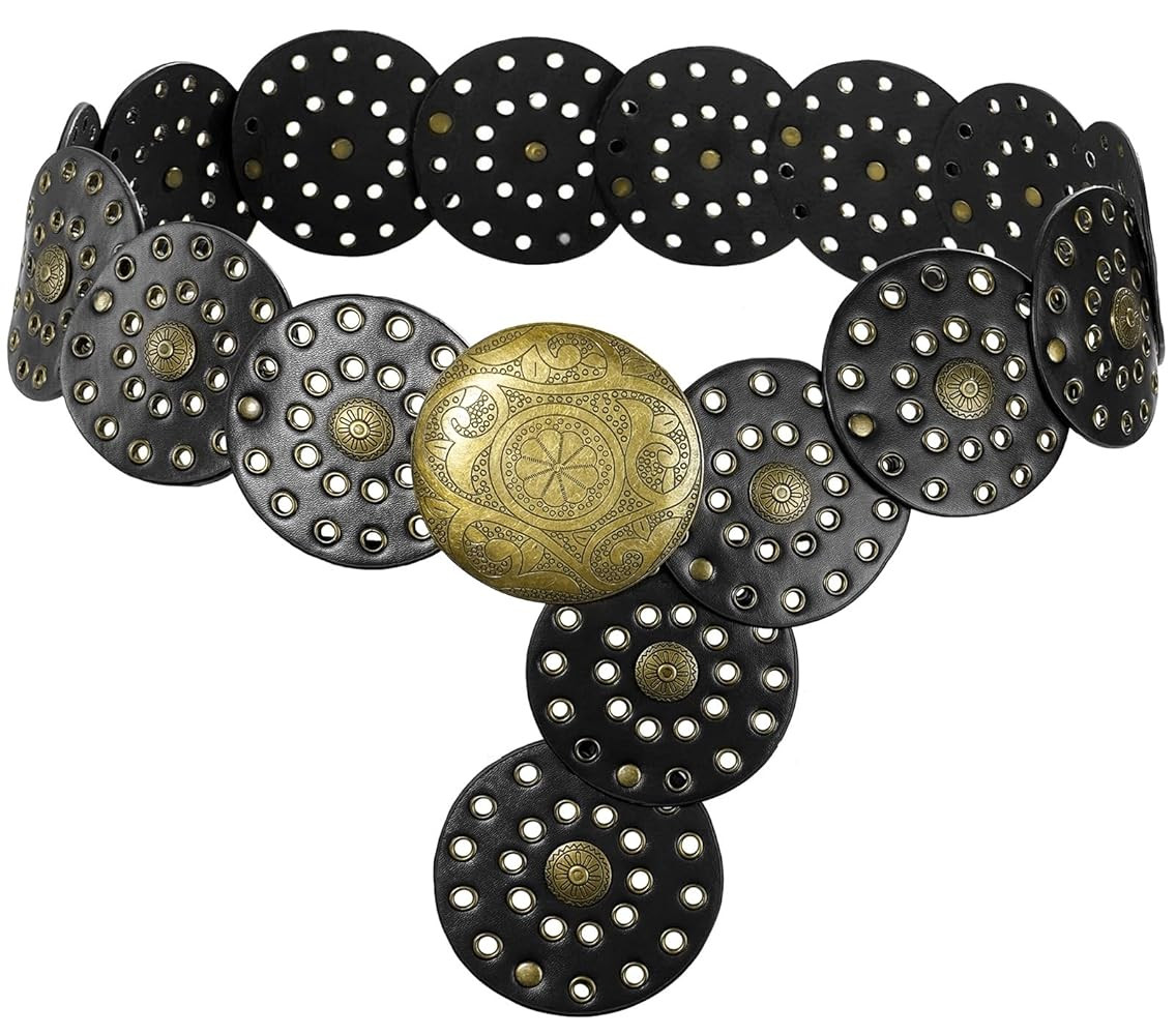 Wide Disc Belt for Women Vintage Hollow Boho Leather Belt Western Chunky Waist Belt Cowboy Metal ... | Amazon (US)