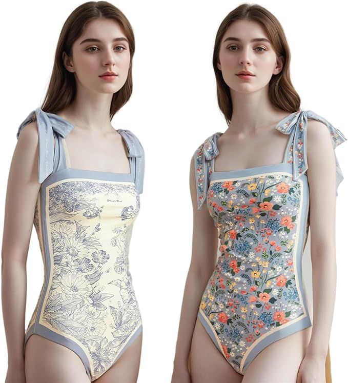 Women Double-Sided Floral One Piece Swimsuits Reversible Tie Shoulder Monokini Tummy Control Bath... | Amazon (US)