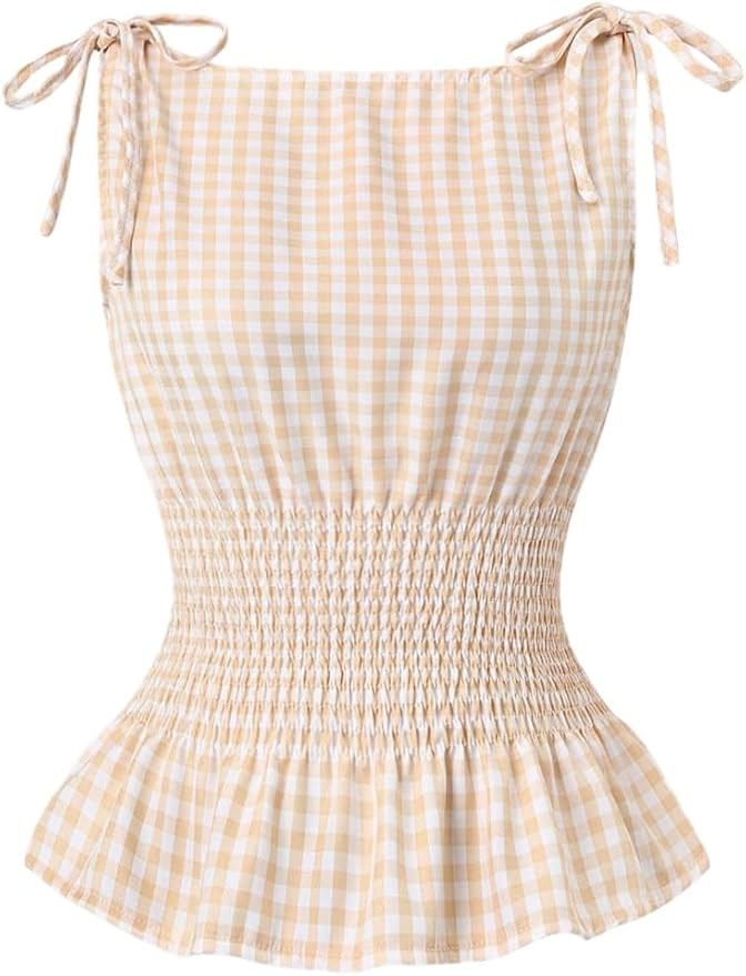 SOLY HUX Women's Plaid Print Tie Shoulder Ruffle Tank Shirts Shirred Vintage Babydoll Tops | Amazon (US)
