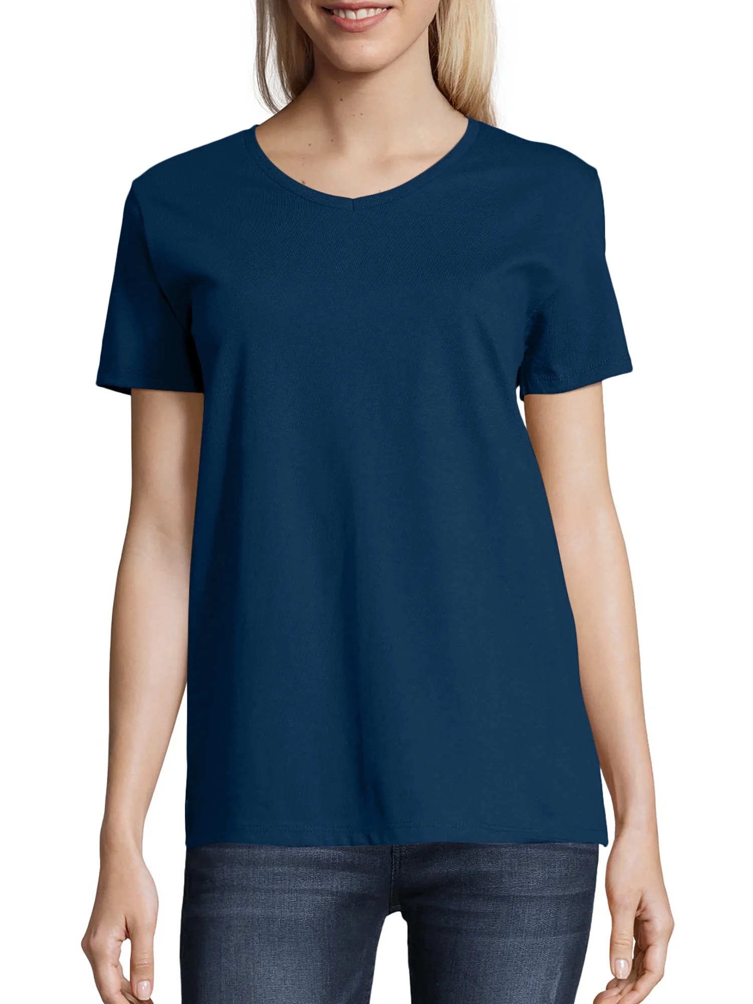 Hanes Essentials Women's Cotton V-Neck T-Shirt Navy L - Walmart.com | Walmart (US)