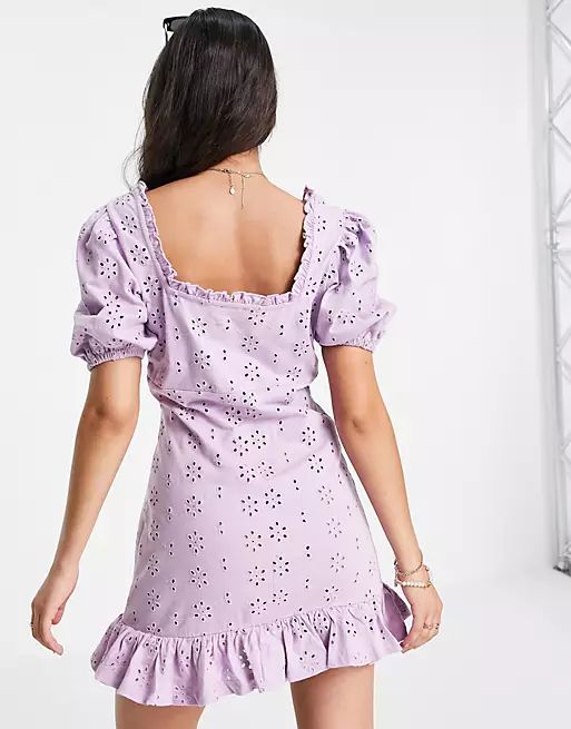 ASOS DESIGN broderie mini dress with square neck and puff sleeves in lilac | ASOS (Global)