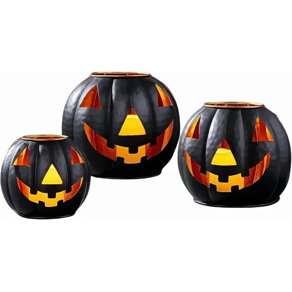 Halloween Metal Jack O Lanterns Pumpkin Set of 3 with LED Candles with Creepy Cloth Decoration Bu... | Walmart (US)