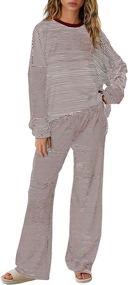 Yanekop Womens Striped Lounge Set Long Sleeve Matching Sets Oversized Pajama Sets Striped Shirt W... | Amazon (US)