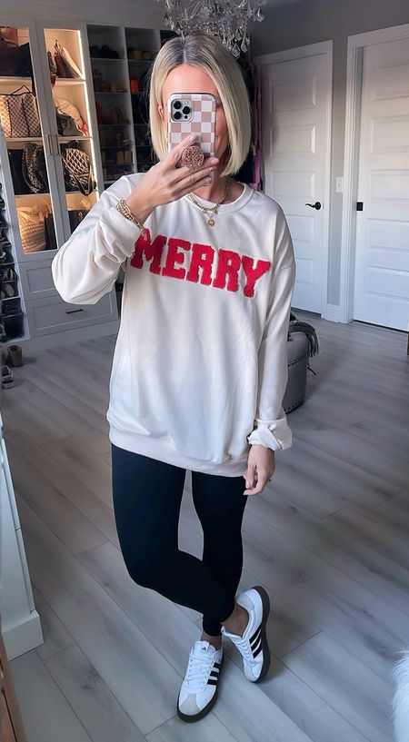 The cutest Christmas pullover!! The letters are outline in sequins too! 
Crewneck large
Leggings XS
Shoes TTS

#LTKHoliday #LTKSeasonal #LTKCyberWeek