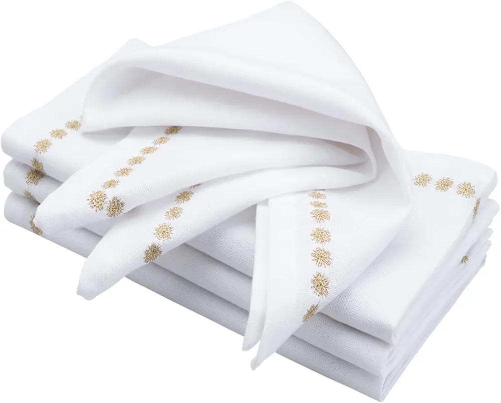 White and Gold Napkins, Embroidered Cloth Napkins Set of 4, 100% Cotton Napkins, Cloth Dinner Nap... | Amazon (US)