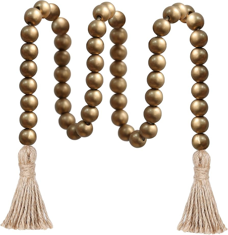 Meplait 39in Wood Bead Garland, Farmhouse Beads with Tassels, Gold | Amazon (US)