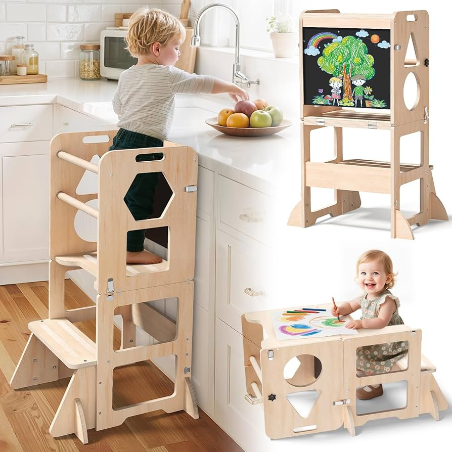 4-in-1 Toddler Kitchen Step Stool, Foldable Learning Standing Tower with Blackboard, Wooden Kitch... | Amazon (US)