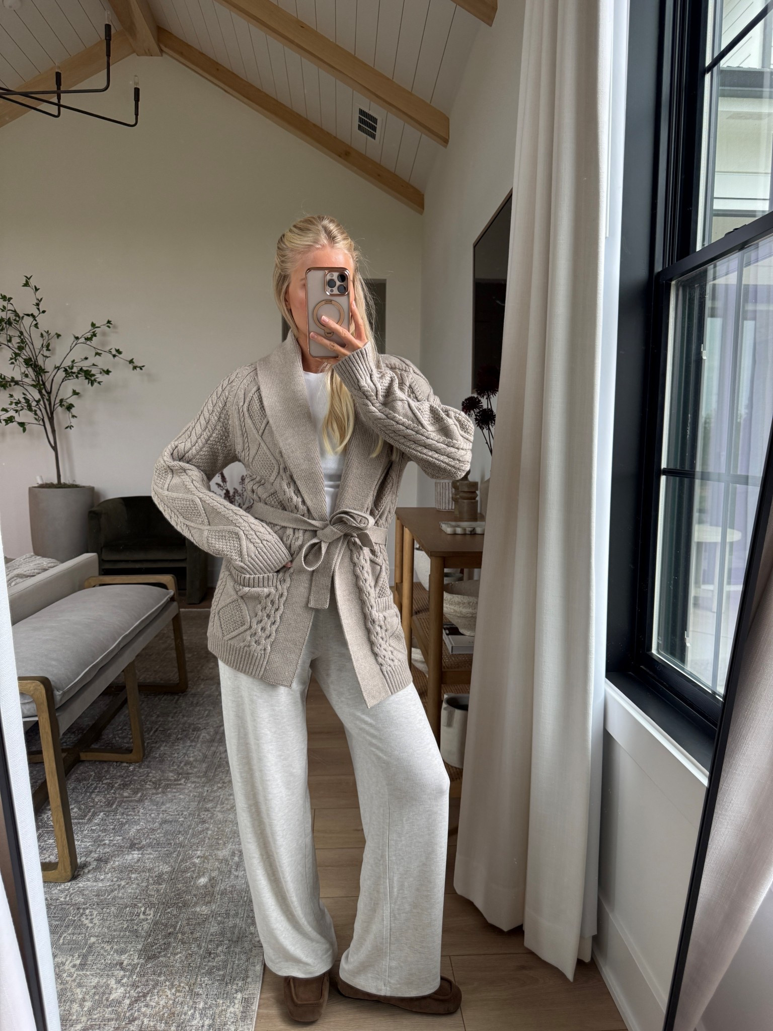 Wearing a small in cardigan, top, and pant (heather light oatmeal), shoes are tts! #kathleenpost

School drop off, school pick up, running errands, airport outfit, comfy casual, chunky cardigan, comfy Thanksgiving outfit 

#LTKSeasonal #LTKStyleTip