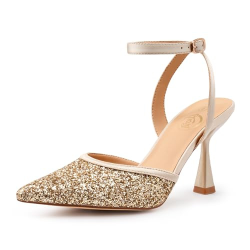 Trary Gold Heels for Women Closed Pointed Toe Stiletto Heels Slingback Dress Shoes for Wedding Work Office Party Porm Daily Size 6 | Amazon (US)