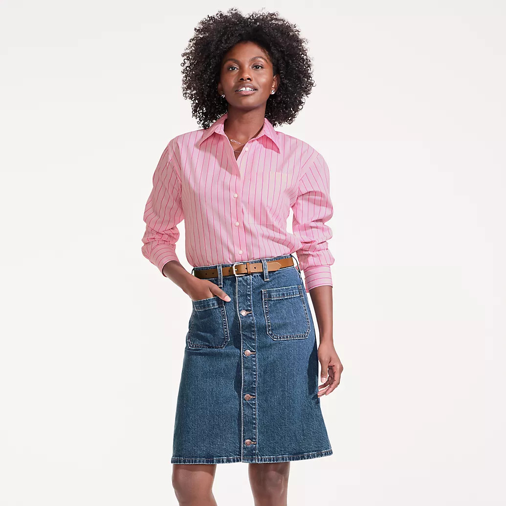 Women's Soft Denim Mid Rise Button Through Above the Knee Skirt | Lands' End (US)