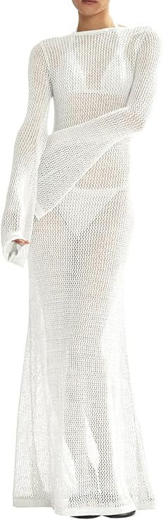Saodimallsu Womens Crochet Cover Ups Long Sleeve Sexy Mesh Backless Knit Swimsuit Coverup Beach M... | Amazon (US)