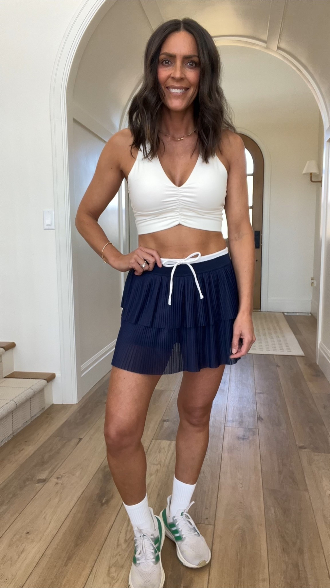 Love this new skirt from @Aerie! So cute with the layered fabric. I am in a small and it’s perfect. The waistband is the softest and stretchiest material and it makes it sp comfortable to wear. Also have built in shirts. 
This sports bra is perfection. Incredibly soft and flattering. Also in a size small  

#LTKPetite #LTKActive #LTKootd